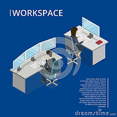 Office workspace 3d isometric banner Vector Illustration