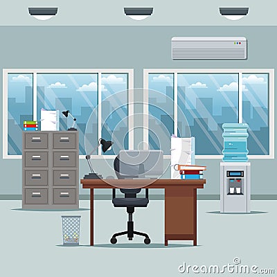 Office workspace desk armchair cabinet documents cooler water windows Vector Illustration