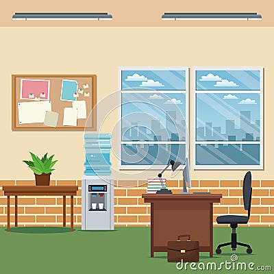 Office workspace desk chair laptop lapm table water board windows yellow wall Vector Illustration