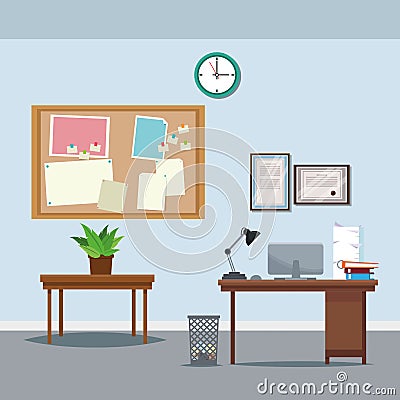 Office workspace desk table potted plant clock notice board trash can laptop Vector Illustration