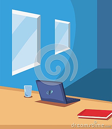 office workspace laptop book windows Cartoon Illustration