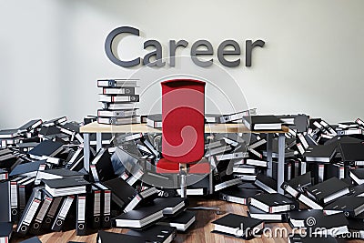 Office workspace with large chaotic pile of document ring binders and paperwork, career conceptual 3D Illustration Stock Photo