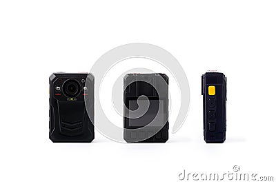 Officer body cam. Personal Wearable Video Recorder, Portable DVR, camera isolated on white background. Closeup, front view, back Stock Photo