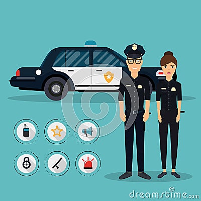 Officer characters with police car vehicle in flat design. Policeman and policewoman. Security elements of the police equipment s Vector Illustration