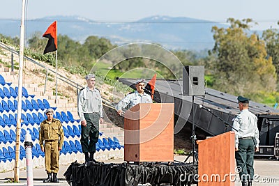 The officer of the IDF makes a speech on the podium at the formation in Engineering Corps Fallen Memorial Monument in Mishmar Davi Editorial Stock Photo