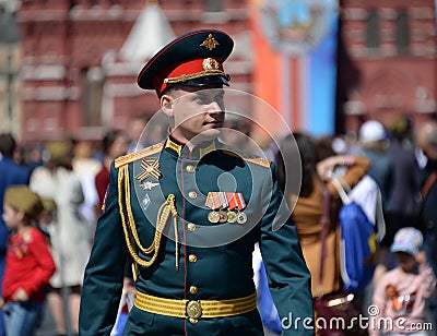 An officer of the Russian army on Red Square in Moscow during the celebration of the Victory Day. Editorial Stock Photo