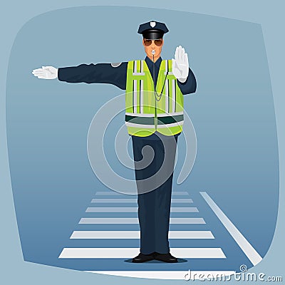 Officer of traffic police standing at crossroads Vector Illustration