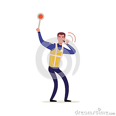 Officer of traffic police in uniform with high visibility vest holding traffic sign and whistling, policeman character Vector Illustration