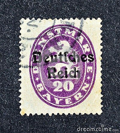 Official Bavaria stamp - Overprinted 'Deutsches Reich' Editorial Stock Photo