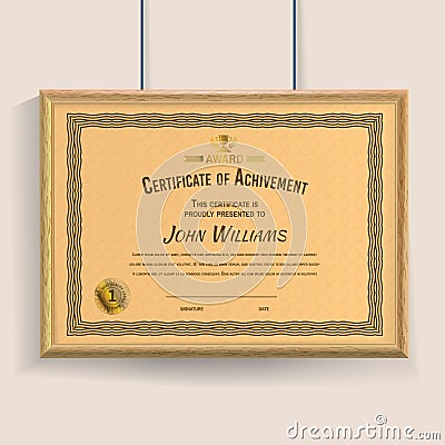 Official beige certificate with brown realistic border on white wall background. Realistic effect shadow. Cerrificate Vector Illustration