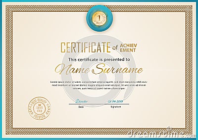 Official beige certificate with gold turquoise triangles. Business modern design. Gold emblem Vector Illustration