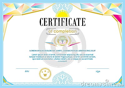 Official blue modern certificate. Triangle colorful design elements and sun Vector Illustration