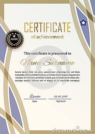 Official certificate with blue beige design elements. Business modern design. Gold emblem Vector Illustration