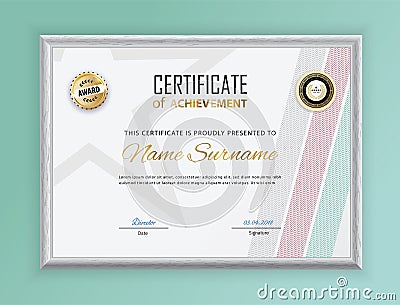 Official certificate with stripes, and star hanging on wall. Business modern design blank in grey border. Gold emblem Vector Illustration