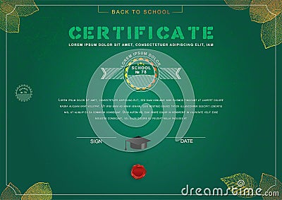 Official dark green education certificate. Autumn leaves on school board and realistic graduation hat. Back to school Vector Illustration