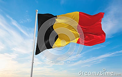 official flag of Belgium civil , Belgium at cloudy sky background on sunset, panoramic view. Belgian travel and patriot concept. Cartoon Illustration