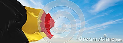 official flag of Belgium civil , Belgium at cloudy sky background on sunset, panoramic view. Belgian travel and patriot concept. Cartoon Illustration