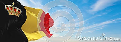 official flag of Belgium with crown , Belgium at cloudy sky background on sunset, panoramic view. Belgian travel and patriot Cartoon Illustration