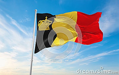 official flag of Belgium yacht ensign , Belgium at cloudy sky background on sunset, panoramic view. Belgian travel and patriot Cartoon Illustration