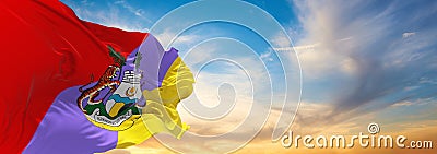 official flag of Ipoh, Perak Malaysia at cloudy sky background on sunset, panoramic view. Malaysian travel and patriot concept. Cartoon Illustration