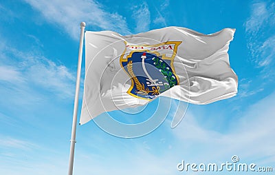 official flag of Jakarta Indonesia at cloudy sky background on sunset, panoramic view. Indonesian travel and patriot concept. copy Cartoon Illustration