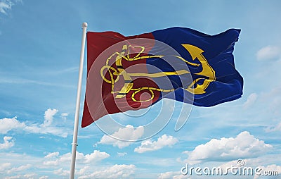 official flag of Navy Board New Zealand at cloudy sky background on sunset, panoramic view. New Zealand travel and patriot concept Cartoon Illustration