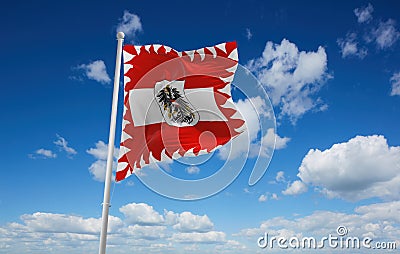 official flag of Presidential Standard of Austria 1984 Austria at cloudy sky background on sunset, panoramic view. Austrian Cartoon Illustration