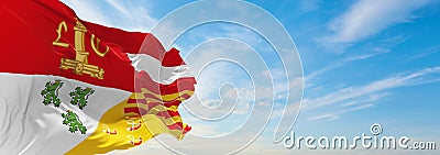 official flag of Province of Liege , Belgium at cloudy sky background on sunset, panoramic view. Belgian travel and patriot Cartoon Illustration