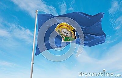 official flag of Southeast Sulawesi Indonesia at cloudy sky background on sunset, panoramic view. Indonesian travel and patriot Cartoon Illustration