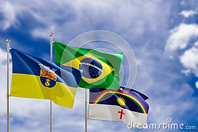 Official flags of the country Brazil, state of Pernambuco and city of Olinda. Swaying in the wind under the blue sky. 3d rendering Stock Photo