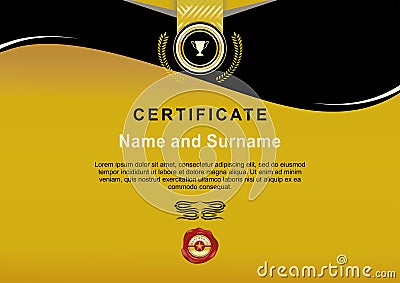 Official gold black certificate with gold ribbon and red wafer Vector Illustration