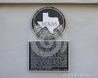 Official Historical Medallion of The Jeff Davis County Courthouse in the town of Fort Davis, Texas. Editorial Stock Photo