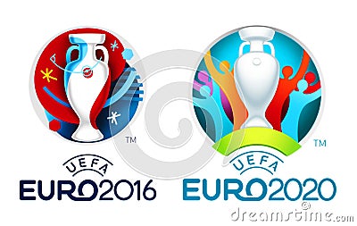 Official logos of the 2016 and 2020 UEFA European Championships Editorial Stock Photo