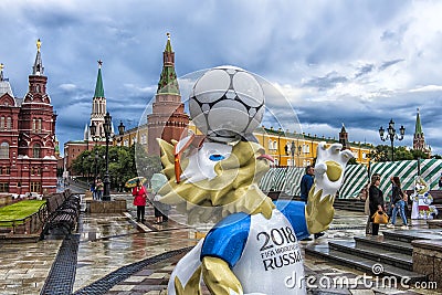 The official mascot of the 2018 FIFA World Cup and the FIFA Confederations Cup 2017 wolf Zabivaka at the Manege Square in Moscow. Editorial Stock Photo