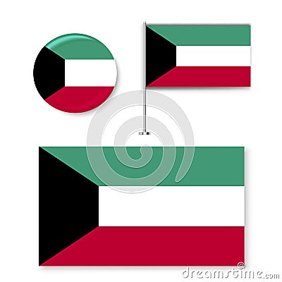 Official national flags country Kuwait KW.circle sign and flag pole isolated on white background.Vector illustration Vector Illustration