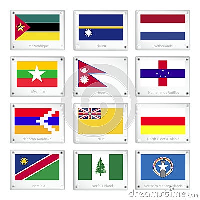 The Official National Flags on Metal Texture Plates Vector Illustration