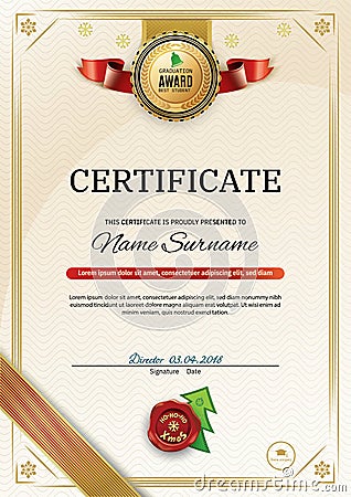 Official retro certificate with red gold design elements. Red ribbon and gold emblem. Vintage modern blank. Christmas Vector Illustration