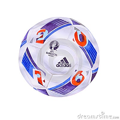 Official UEFA EURO 2016 France championship ball. Watercolor accurate volume design Editorial Stock Photo