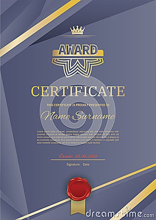 Official vector certificate with dark blue triangle design elements. Gold emblem, gold text Vector Illustration