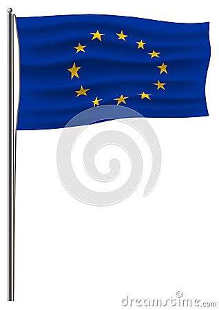 Official vector European Union flag connected to a metal flagstaff by a rope. Isolated on white wind waving vector EU flag of blue Vector Illustration