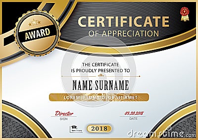 Official white certificate of appreciation with black gold design elements. Vector template Vector Illustration