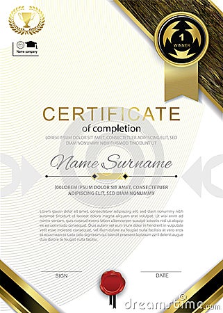 Official white certificate with gold black emblem, gold design elements, red wafer Official blank Vector Illustration