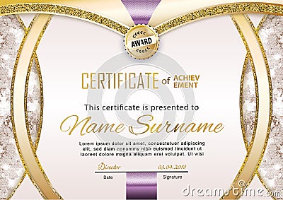Official white certificate with gold line peony mosaic pattern. Glamour modern design. Gold emblem Vector Illustration