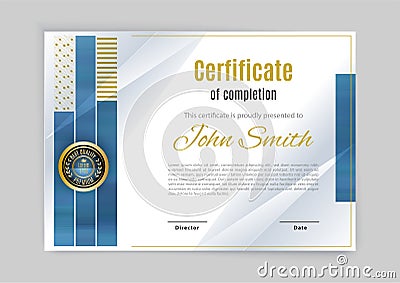 Official white certificate with green design elements. Modern blank with gold emblem. Vector illustration. Green mosaic in row Vector Illustration