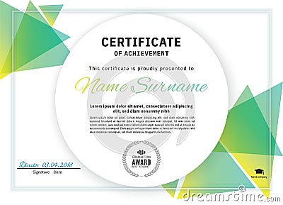 Official white certificate with green triangle design elements. Business clean modern design Vector Illustration