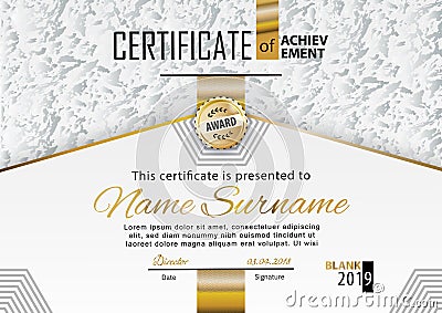 Official white grey certificate with gold line. Business clean modern design. Gold emblem Vector Illustration