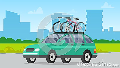 Offroad car with bicycle on roof vector isolated automobile transport. Car tourism concept Cartoon Illustration