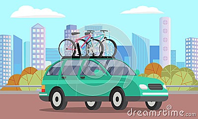 Offroad car with bicycle on roof vector isolated automobile transport. Car tourism concept Vector Illustration