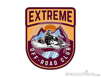 Offroad extreme adventure. Emblem template with snowmobile. Design element for logo, label, emblem, sign. Vector Illustration