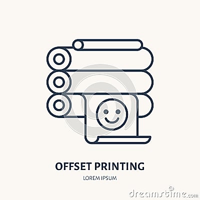 Offset printer with printed paper flat line icon. Printing device sign. Thin linear logo for printery, equipment store Vector Illustration